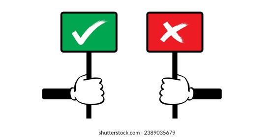 Cartoon hand and signboard vote. Accept or unaccepted vote. Don't or Dont Do's or don'ts. Unlike or dislike day hands. Compliments, oke or like hand thumb up or thumbs down. Yes or no feedback.