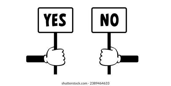 Cartoon hand and signboard vote. Accept or unaccepted vote. Don't or Dont Do's or don'ts. Unlike or dislike day hands. Compliments, oke or like hand thumb up or thumbs down. Yes or no feedback.