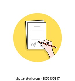 cartoon hand signed pact or document. concept of man or woman with confirm outcome or inference and ownership doc. modern logotype graphic flat design illustration isolated on white background