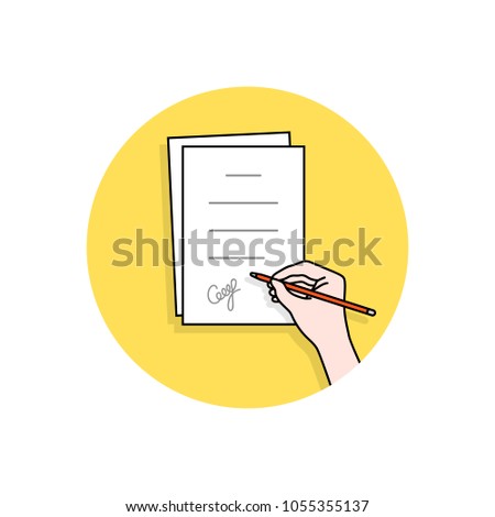 cartoon hand signed pact or document. concept of man or woman with confirm outcome or inference and ownership doc. modern logotype graphic flat design illustration isolated on white background