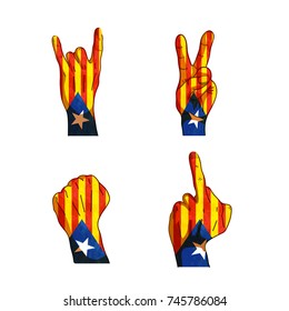 Cartoon hand signs with Catalonia flag isolated on white