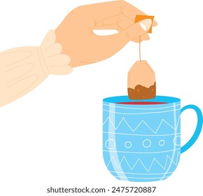 Cartoon hand steeping tea bag into mug brimming hot beverage. Tea preparation process illustration. Steeping bag blue patterned mug, vector graphic