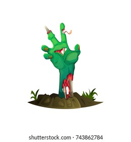 Cartoon hand sticks out of the ground. Human rotting, broken arm.