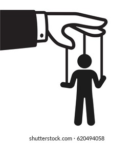 Cartoon hand with string puppet silhouette. Politics and control concept. Black and white isolated vector illustration.