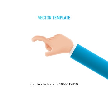 Cartoon hand taps something. Gesture of cartoon hand. Vector 3d illustration.