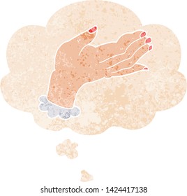 cartoon hand with thought bubble in grunge distressed retro textured style