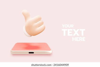 Cartoon hand with thumb up finger for like icon with mobile phone application vector illustration