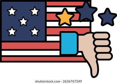 A cartoon of a hand with a thumbs down on an American flag. The flag has stars and stripes