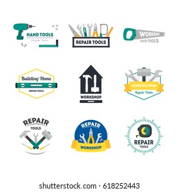 Cartoon Hand Tools Badges or Labels Set Flat Style Design Equipment Element for Repair and Home Work. Vector illustration