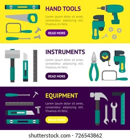 Cartoon Hand Tools Banner Horizontal Set Flat Style Design Equipment Element for Repair and Home Work. Vector illustration