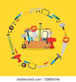 Cartoon Hand Tools Box and Equipment Card Circle Flat Style Design Toolbox for Service Repair Home . Vector illustration