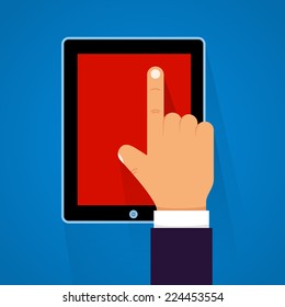 Cartoon Hand Touching a Tablet. Vector illustration