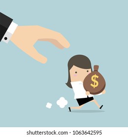 Cartoon hand tries to grab the bag of money running businesswoman.