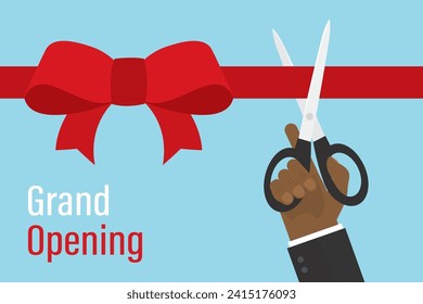 Cartoon hand uses scissors, cut red ribbon with bow. Ceremony event, grand opening, presentation. Horizontal banner, design template isolated on blue background. Place for text. Vector illustration