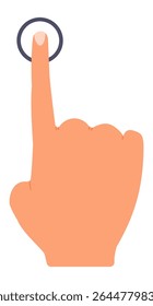 Cartoon hand usando o dedo indicador para tocar um botão digital, ativando uma interface virtual, simbolizando a interação com a tecnologia e a experiência do usuário
