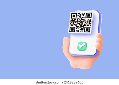 Cartoon hand using Smartphone scan QR code pay bill with successfully. Convenient and fast mobile bill payment concept. Scans qr code for online payment, money transaction on mobile app service.