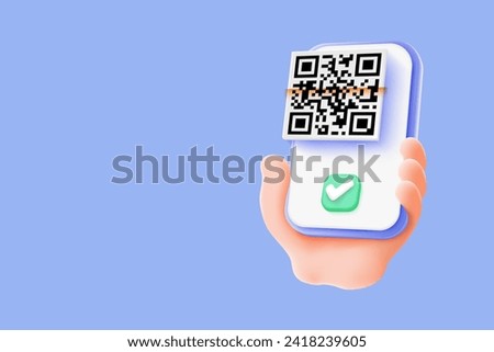 Cartoon hand using Smartphone scan QR code pay bill with successfully. Convenient and fast mobile bill payment concept. Scans qr code for online payment, money transaction on mobile app service.