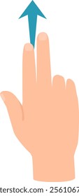 Cartoon hand using two fingers to swipe up, indicated by a blue arrow, symbolizing scrolling, browsing, or navigating on a touchscreen device, perfect for illustrating mobile interactions