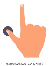 Cartoon hand utilizing the index finger to touch or click a round button, with the thumb positioned underneath, isolated against a clean white background