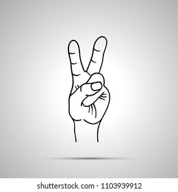 Cartoon hand in victory gesture, simple outline icon on gray