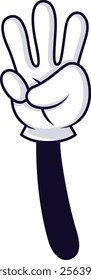 Cartoon hand wearing a white glove and showing three fingers gesture, counting or expressing a quantity with a simple yet effective communication