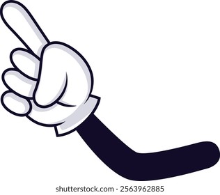 Cartoon hand wearing a white glove, pointing upward with the index finger against a white background, perfect for indicating direction or making a selection in various contexts