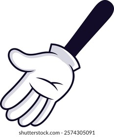 Cartoon hand wearing a white glove from the wrist down is reaching down, with fingers slightly spread apart, and arm extending upwards at an angle