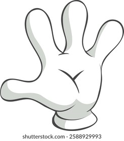 Cartoon hand wearing a white glove, making a gesture with three fingers raised, isolated against a clean white background, conveying a playful and humorous expression