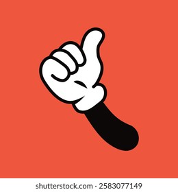Cartoon hand with white glove giving a thumbs-up on a red background. Iconic cartoon style with bold colors. Gloved hand, thumbs-up, cartoon design. Funky vector illustration.