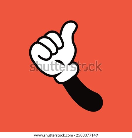 Cartoon hand with white glove giving a thumbs-up on a red background. Iconic cartoon style with bold colors. Gloved hand, thumbs-up, cartoon design. Funky vector illustration.