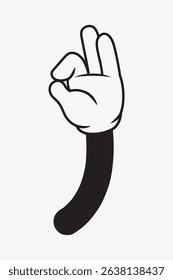 Cartoon hand in white glove making an 'OK' gesture. Black sleeve. Simple, bold design. Iconic cartoon style. Gesture conveys approval, agreement, or satisfaction. Cartoon illustration vector.