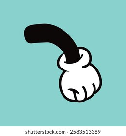 Cartoon hand with a white glove on a teal background. Simple, playful design. Iconic cartoon glove, black arm. Classic cartoon style, white glove. Funky vector illustration.