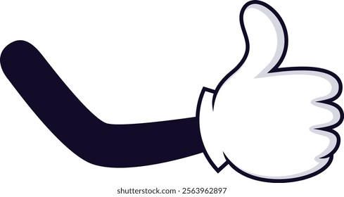 Cartoon hand with white glove showing thumb up, giving positive feedback, like, approval, agreement or support, isolated on white background