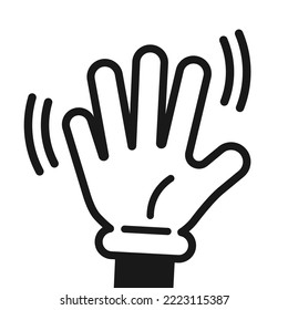 Cartoon hand with white glove waving. Gesture saying hi or bye. Vector icon isolated symbol on white background