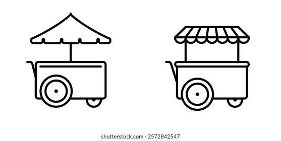 Cartoon handcart, mobile market stand icon. Food trailer, Street stall with parasol or awning. Street fast food trailer truck, mobile kitchen and umbrella. market and food stock symbol. For ice cream.