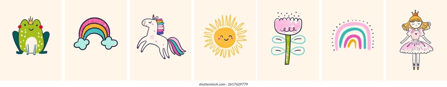 Cartoon hand-drawn baby prints. Baby hand drawn design for textile, posters, cards