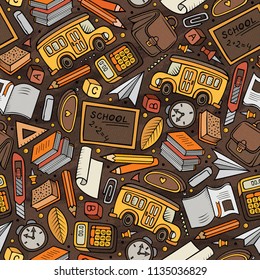 Cartoon hand-drawn Back to School seamless pattern. Lots of symbols, objects and elements. Perfect funny vector background.