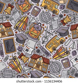 Cartoon hand-drawn Back to School seamless pattern. Lots of symbols, objects and elements. Perfect funny vector background.