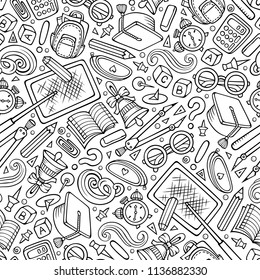 Cartoon hand-drawn Back to School seamless pattern. Lots of symbols, objects and elements. Perfect funny vector background.