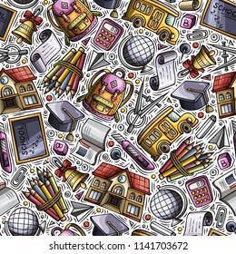 Cartoon hand-drawn Back to School seamless pattern. Lots of symbols, objects and elements. Perfect funny vector background.