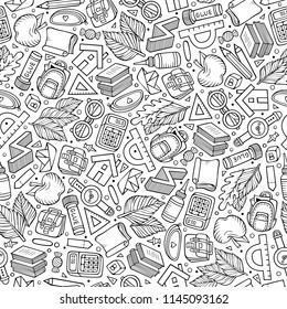 Cartoon hand-drawn Back to School seamless pattern. Lots of symbols, objects and elements. Perfect funny vector background.