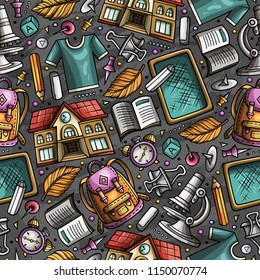 Cartoon hand-drawn Back to School seamless pattern. Lots of symbols, objects and elements. Perfect funny vector background.