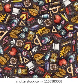 Cartoon hand-drawn Back to School seamless pattern. Lots of symbols, objects and elements. Perfect funny vector background.