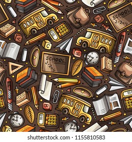 Cartoon hand-drawn Back to School seamless pattern. Lots of symbols, objects and elements. Perfect funny vector background.