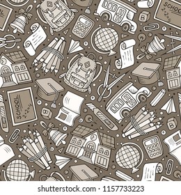 Cartoon hand-drawn Back to School seamless pattern. Lots of symbols, objects and elements. Perfect funny vector background.