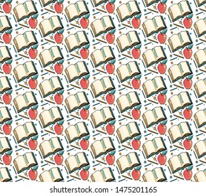 Cartoon hand-drawn Back to School seamless pattern. Lots of symbols, objects and elements. Perfect funny background. Vector illustration. Children's, cute, joyful style.