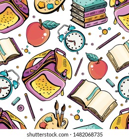 Cartoon hand-drawn Back to School seamless pattern. Lots of symbols, objects and elements. Perfect funny background. Vector illustration. Children's, cute, joyful style.