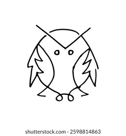 Cartoon hand-drawn black outline of a bird or owl logo concept art.
