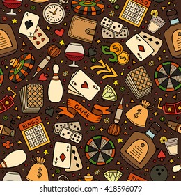 Cartoon hand-drawn casino, games seamless pattern. Lots of symbols, objects and elements. Perfect funny vector background.