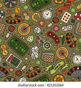 Cartoon hand-drawn casino, games seamless pattern. Lots of symbols, objects and elements. Perfect funny vector background.